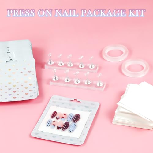 Image of 50 PCS Nails Packaging Bags with Nail Stand for Fake Nail, Holographic Press On Nail Storage Container Nail Art Kit for Diy Design,Nail Cardboards with 2 Double-sided Tape Salon Home White