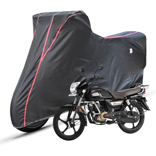 Image of Two Wheelers Bike Body Cover Compatible for TVS Radeon, UV Resistant, Dustproof, Triple Stitched, Elastic Bottom, Red Piping Motorcycle Cover (Black, Pack of 1)
