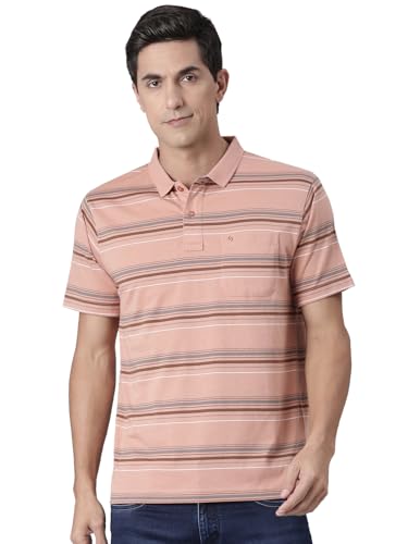 Image of Classic Polo Men's Half Sleeve Dark Orange Polo Neck Authentic Fit Striped Cotton Blend T-Shirt