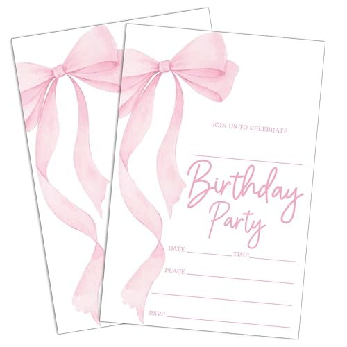 UIBOVA Pink Bow Birthday Invitations, Pink Ribbon Bow Party Invitations for Girls Boys, 20 Pack Invite Cards with Envelopes for Kids, Birthday Party Decorations Favor Supplies, 4x6-E40