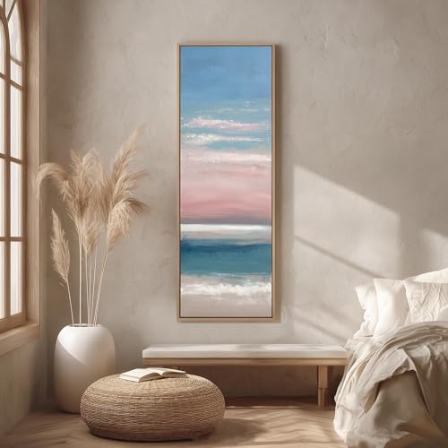 Peinture abstraite paysage côtier grand format vertical toile rose bleu