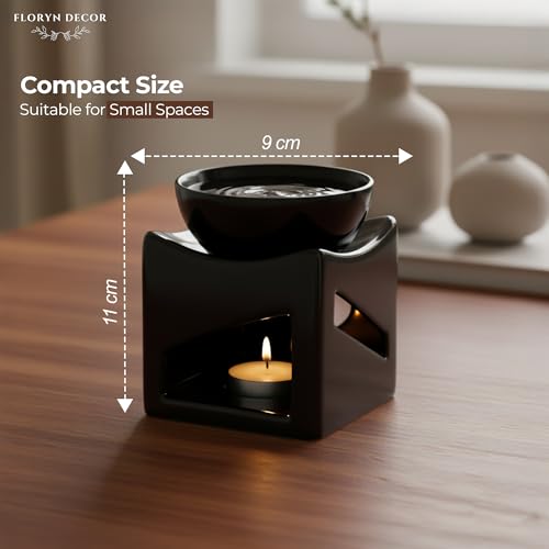 Image of Floryn Decor Ceramic Oil Burner Diffuser for Home & Office | Aroma Oil Burner with Tealight Candle | Ceramic Fragrance Diffuser for Aromatherapy, Relaxation & Home Decor (100ml) (Black)