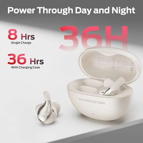 Image of Monster AC225 Open Ear Earbuds, Stereo Sound, Bluetooth 6.0 Open Ear Headphones, Lightweight Comfort Clip-On Earbuds with ENC Mic for Clear Calls, 36H Playtime, Touch Control, IPX6 Waterproof, White