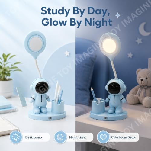 Image of Toy Imagine 3-in-1 Kids LED Desk Lamp USB Rechargeable Night Light with Pen Holder and Pencil Sharpener Cute Astronaut Design Detachable Study Lamp for Girls & Boys Bedroom, Home & School