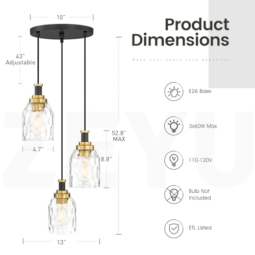 Image of zeyu Adjustable Modern Cluster Pendant Light for Kitchen Island, 3-Light Pendant Lighting, Black and Gold Finish with Water Ripple Glass Shade, ZG33-3 BK+BG-WG