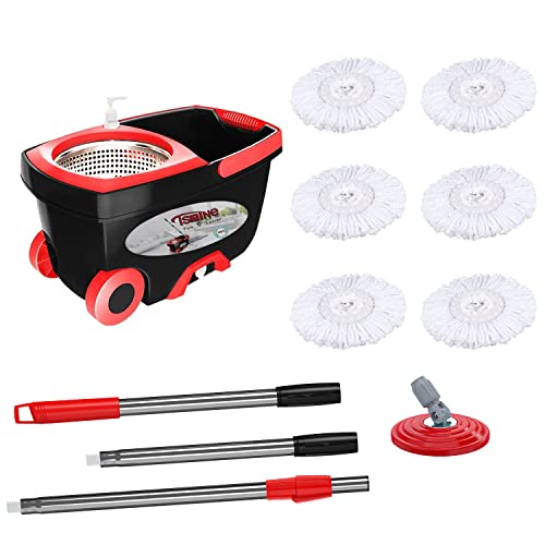 Spin Mop Bucket Floor Cleaning - Tsmine Mop And Bucket With Wringer Set Commercial Spinning Mopping Bucket Cleaning Supplies With 6 Replacement Refills,61" Extended Handle For Household Hardwood Floor #TOP6