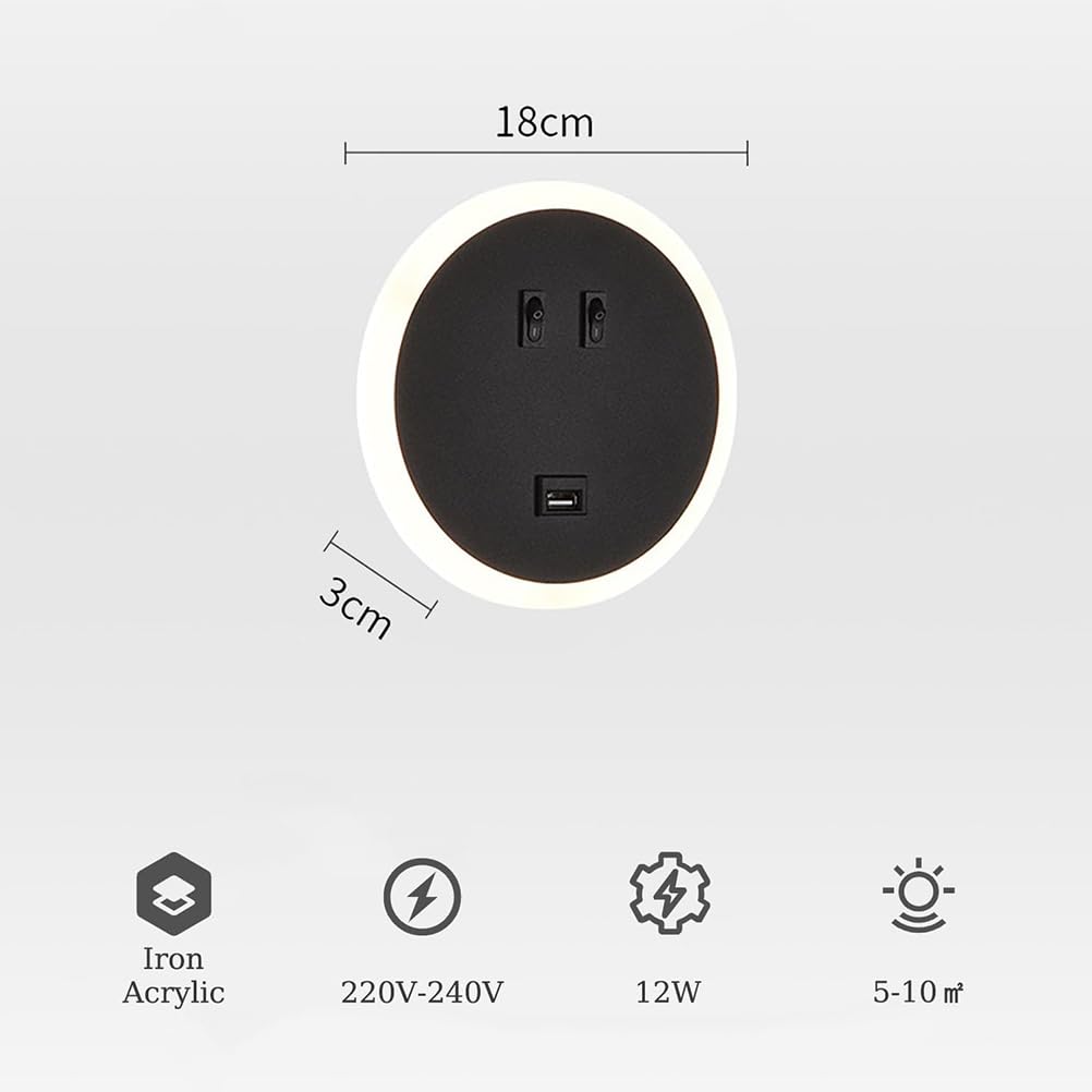 AoLa 12W Okrągła lampa ścienna LED z przełącznikiem i portem USB do ładowania Lampa ścienna do wnętrz 3 kolory 3000K/4000K/6000K Nowoczesna lampka nocna z akrylowym kloszem do sypialni salonu,Black