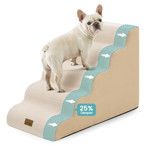 COZY KISS Extra Wide Dog Stairs 19.7" Width, Pet Step for Small Medium/Large Dog, Puppy or Cat, Pet Ramp for High Bed or Car, High Density Foam Ladder, Stable, 5 Step, 19.7x33x22.4 in, Beige