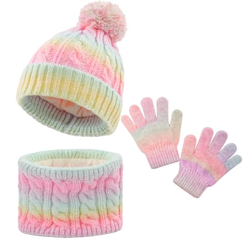MASOCIO Conjunto Bufanda Gorro y Guantes Niña Invierno Gorros Luvas Criança con Pompon Punto Sombrero 4 5 6 7 8 9 Gorrito Braga Cuello Set Termico 3-10 Años Amarillo Rosa