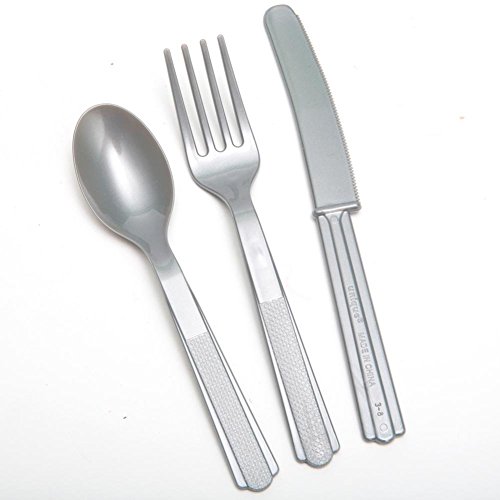 Image of Silver Plastic Silverware Set for 6 Guests (18pcs)