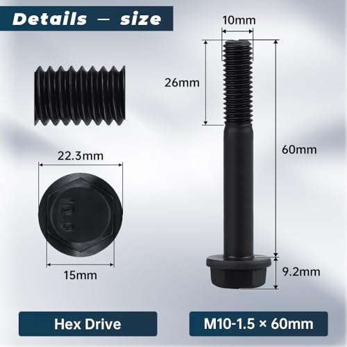 Image of Glvaner M10-1.5 x 60mm (8 pcs) Alloy Steel Flanged Washer Head Hex Bolts, Extra-Large Washer Head, 10.9 Grade Black Oxide Finish GB5789 Partial Thread