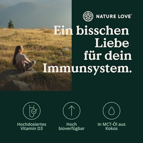 NATURE LOVE® Vitamin D3 1000 (50ml flüssig) – Laborgeprüfte 1000 I.E. pro Tropfen – in MCT-Öl aus Kokos – Vitamin D hochdosiert – hoch bioverfügbar, sehr hohe Stabilität und ohne unnötige Zusätze