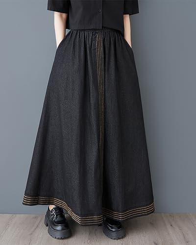 ellazhu Women's Skirt Elastic Waist Solid Straight Hem Two Side Pockets Maxi Loose Casual GZ4154