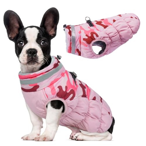 Image of Lelepet Dog Winter Coat Dog Coats for Small Dogs Waterproof Dogs Jacket | Reflective Cold Weather Coats Windproof Zip-Up Winter Fleece Vest Padded Pet Snowsuit Yorkie Shih-tzu Pink Camo S
