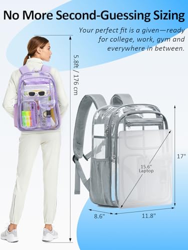 Image of Double-Layer Clear Backpack Heavy Duty, 17 Inch Large Clear Bookbag, Transparent See Through Backpack For School, Work, College, Travel, Sport- Light Grey
