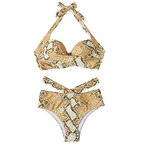 Tankini dos nu rétro kaki imprimé serpent deux hauts et short