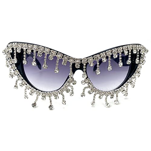 Vintage Cat Eye Tassel Rhinestones Sunglasses Women Crystal Tassels Sun Glasses Unique bling bling Diamond Eyeglasses2