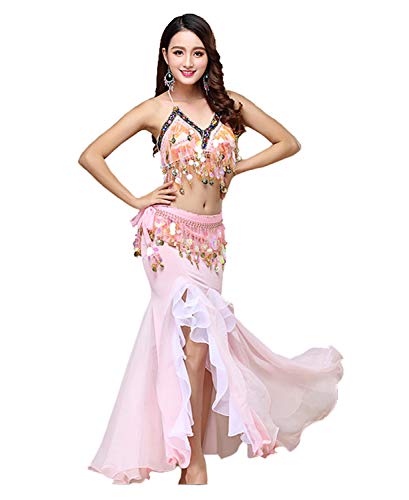 ORIDOOR Women's Belly Dance Dress Halloween Costume Belly Dance Crop Top Bra Top and Belt Chiffon Dancing Skirts 3-piece Outfit Pink