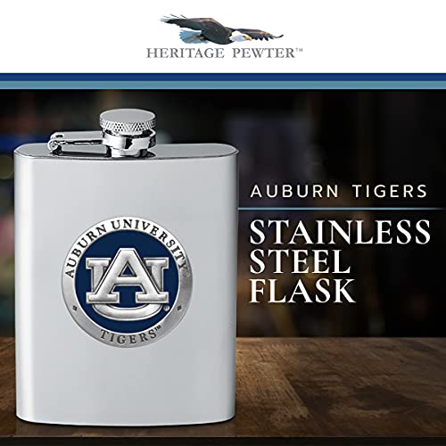 Heritage Pewter Auburn Tigers Flask | 8 Ounce Liquor Flask Container - Stainless Steel | Intricately Crafted Metal Pewter Alma Mater Inlay #TOP1
