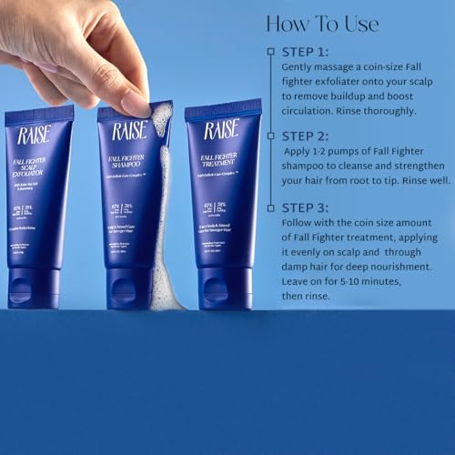 Image of Raise Fall Fighter Anti-Hairfall Travel Kit | 3-step hair care routine | 67% Less Hair Loss in 6 Weeks | Infused with Rosemary | SLS & Paraben Free | Exfoliate, Cleanse & Condition| 30ml Each