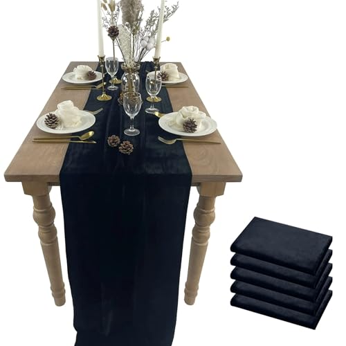 Luxurious Velvet Table Runner, 10ft Wedding Reception Decorations, 20x120inch Soft Velvet Fabric, Table Linen Overlay, Wedding Table Runners (Black, 20X120inch, 5pack)