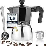 INHALT: Milu Espressokocher für 3 Tassen (150ml), Kaffeelöffel, Reduziersieb, Reinigungsbürste, Spritzschutz, Anleitung