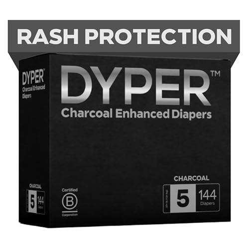 DYPER Charcoal Enhanced Diapers | Baby Diapers from Plant-Based* & Honest Materials | Day & Overnight Diapers | Disposable Diapers for Sensitive Skin (Size 5, 144, Count)