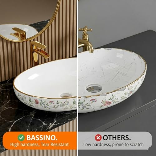 Image of BASSINO 21x14x6 Inches Ceramic Table Top Wash Basin /Designer Bathroom Sink /Luxury Countertop Vessel Basin /Oval Above Counter Basin /Wash Basin for Bathroom /Dining Hall(Glossy White Floral Print)