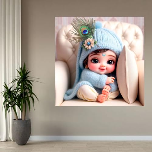 Image of Akki Wold Blue Hidding Kanha On White Soffa Wall Poster For Living Room, Office, Pooja Room (Size - 41CM X 41CM)