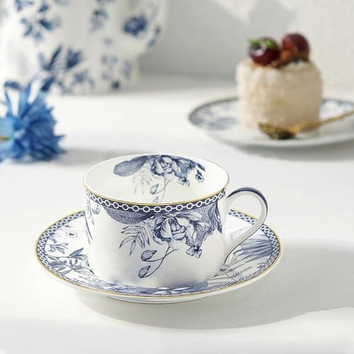 fanquare 6 oz Blue Floral Bone China Tea Cup with Saucer, Hand Print Procelain Cups for Tea Party, British Coffee Cup and Saucer - Thumbnail 2