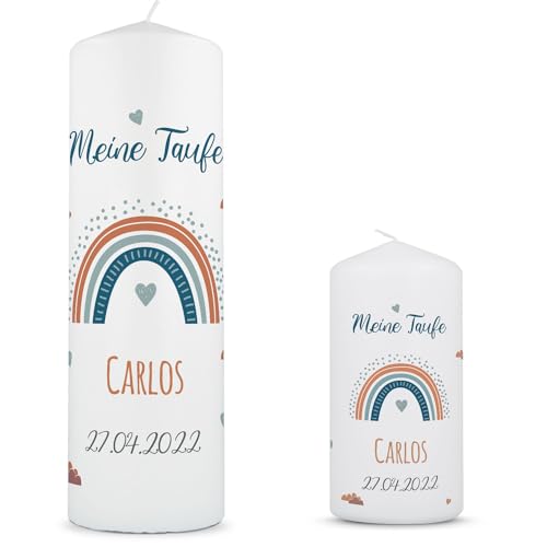 GRAVURZEILE Bedruckte Kerze - Taufkerze Regenbogen - brilliant bedruckte Kerze zur Taufe - Personalisiertes Taufgeschenk für Mädchen & Jungen - Hochwertige Stumpenkerze 250/80 mm - Farbe: Blau Set
