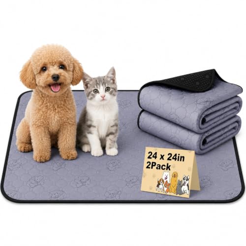 Image of Washable Pee Pads for Dogs 2 Pack, Reusable Waterproof Leak-Proof Puppy Training Pads, Super Absorbent Non-Slip Dog Whelping Pads for Crate, Playpen, Bed & Floor (24 inchx24 inch Gray)