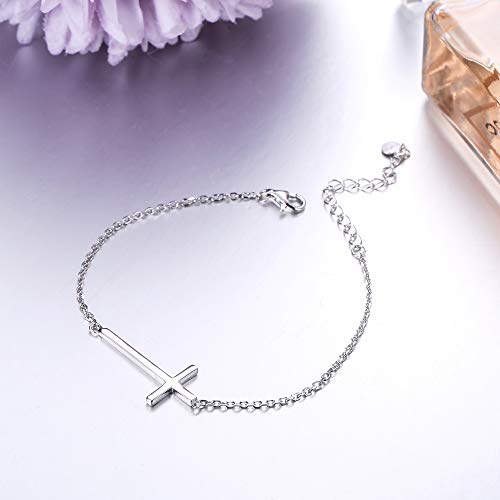 Sllaiss 925 Sterling Silver Sideways Cross Bracelet For Women Religious Chain Bracelet Christian Faith White Gold Plated Adjustable (Silver) #TOP3