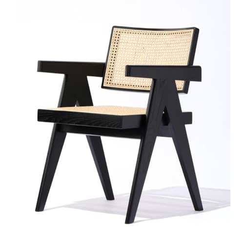 Image of Solid Wood Arm Chair with Cushion and Cane Back Support Chair Living Room Bedroom Home Wooden Armchair Furniture Garden Balcony Outdoor & Indoor (Black Chair with Cane)