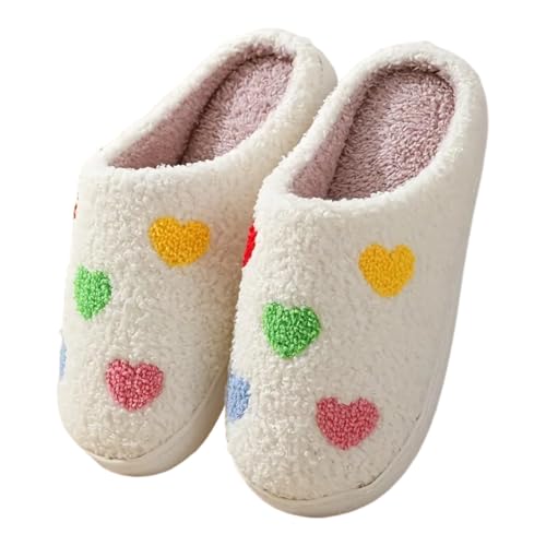 Colorful Heart Pattern Winter Slippers Soft Sole Warm Indoor Slippers, Non-slip Mute Cozy Shoes