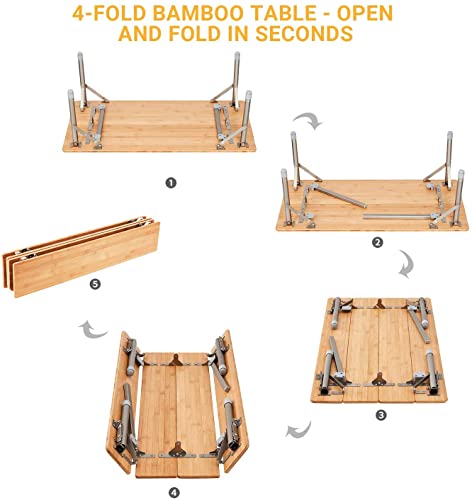 Atepa Folding Bamboo Table 4-Fold Adjustable Height Camping Table Portable Compact Lightweight Outdoor Picnic Table With Carrying Bag, Supports 110Lbs #TOP4