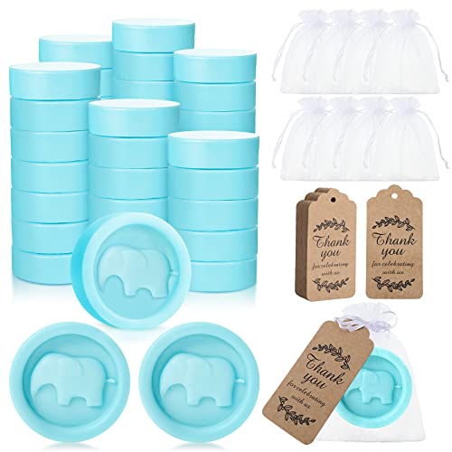 48 Sets Babyparty-Seifen mit Elefantenmotiv, blaue Elefanten-Stil, Geschenke für Babyparty, Geschenke mit Geschenktüten und Dankeskarten für Gäste, Andenken, Baby-Party-Souvenirs Cover