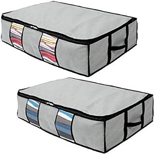 Zwellaa Underbed Storage Bags with Zips, handles and Clear windows, Fabric Under bed Storage Boxes Organiser Solution for Clothes, Comforters, Blankets, Bedding, Duvets, linen, 2 Pack, Grey