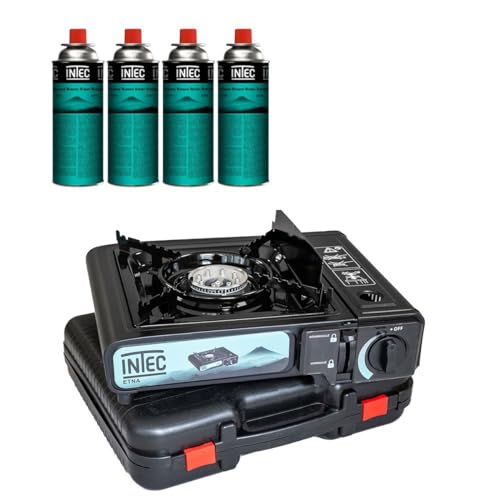 INTEC - Hornillo de gas portátil ETNA 2200 W (Piezo/Mallette) | Mega Kit con 4 cartuchos de Butano Incluidos | El equipo ideal para Camping, Senderismo y Viajes por Carretera.
