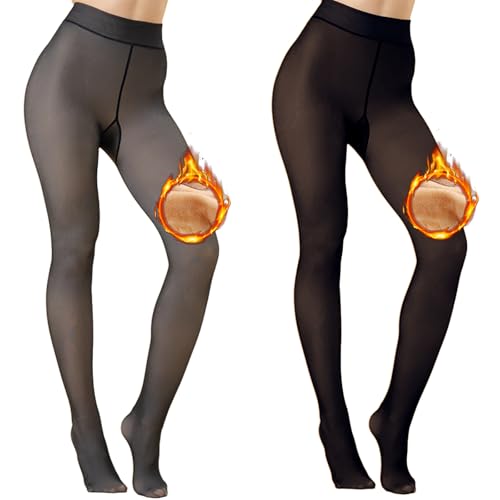 Image of Larmliss Fleece Lined Tights Women Warm Pantyhose Fake Translucent Thick Thermal Skin Sheer Leggings for Winter 2 Pairs