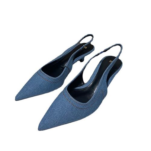 WENOREG Women's Pointed Toe Slingback Kitten Heels Shoes,Comfortable Denim Low Heel Elastic Back Strap Sexy Slip On Walking Wedding Party Dress Pumps Shoes