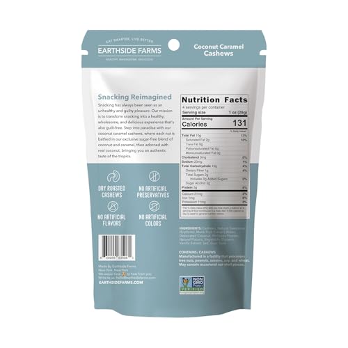 Image of Earthside Farms Coconut Caramel Cashews Snack Packs, No Sugar Added Keto Friendly Nuts, Vegan Gluten Free Non GMO Low Carb Snack, Plant Protein Treat, 4oz Resealable Bags, 10 Count