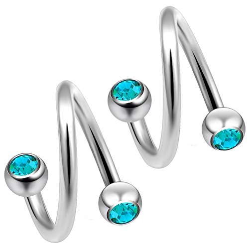 2Pc Twisted Barbell 16G Piercing Earrings Helix Cartilage Twist 316Lvm Surgical Steel Daith Spiral Belly Button Ring Navel Gauge Twister Body Jewelry Blue Zircon Crystal 10Mm #TOP10