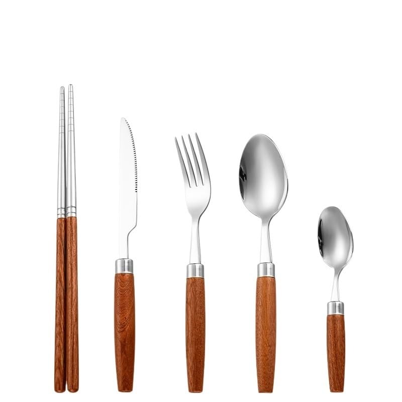 Ce Service de Couverts, composé de 5/20/30/40/50/60 pièces en Acier Inoxydable 304 avec Manche en Bois Massif, Comprend Un Couteau à Steak, Une cuillère de Table, des Baguettes, Une fourchet