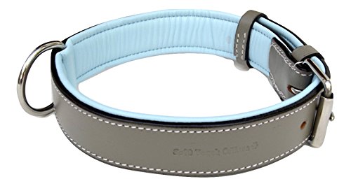 Soft Touch Collars Padded Leather Dog Collar, Gray And Blue, Size Large, Real Genuine Full Grain Leather #TOP3
