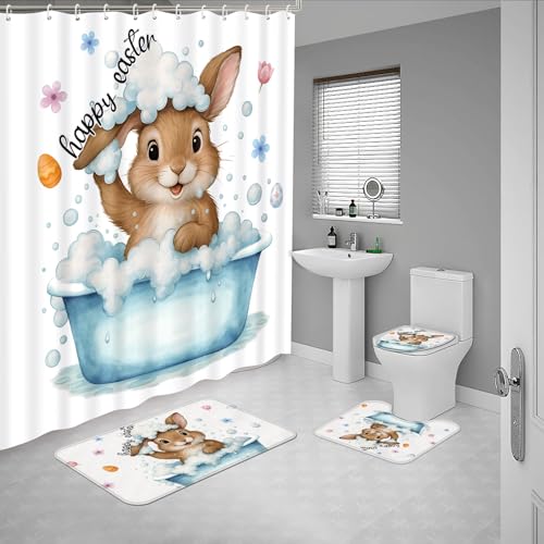 Tieshankao 4pcs Easter Shower Curtain Bathroom Set - Bunny Bathtub