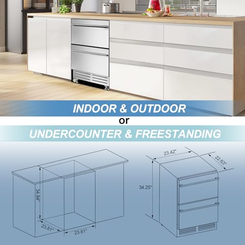 Image of Velivi 24'' Drawer Fridge Under Counter Beverage Refrigerator with Wheels | Outdoor for Patio, Stainless Steel Weather-Proof, Freestanding or Built-In Installation, Ideal for Home and Commercial Use