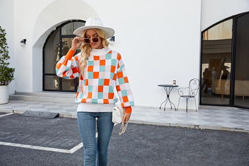 Image of Spring Sweaters for Women, Women's Long Sleeve Turtleneck Stripes Plaid Trendy Oversized Ribbed Knit Pullover Sweater