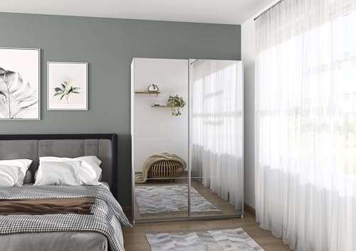 Rauch Möbel Subito Kleiderschrank für Schlafzimmer, Kinderzimmer, Flur, Garderobe, 2-türig mit Spiegel, Farbe Weiß, inkl. 2 Kleiderstangen, 2 Einlegeböden, Breite 136 cm