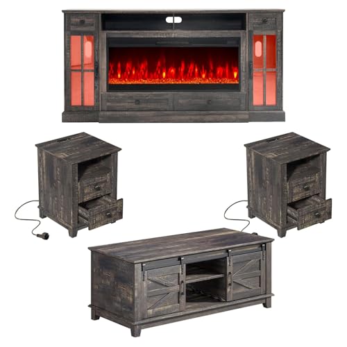 LUXOAK 4 Pieces Living Room Table Sets, 70" Large Fireplace TV Stand with 42" Fireplace & LED Lights, Coffee Table with Sliding Barn Doors, End Tables Set of 2 with Charging Station, Dark Rustic Oak